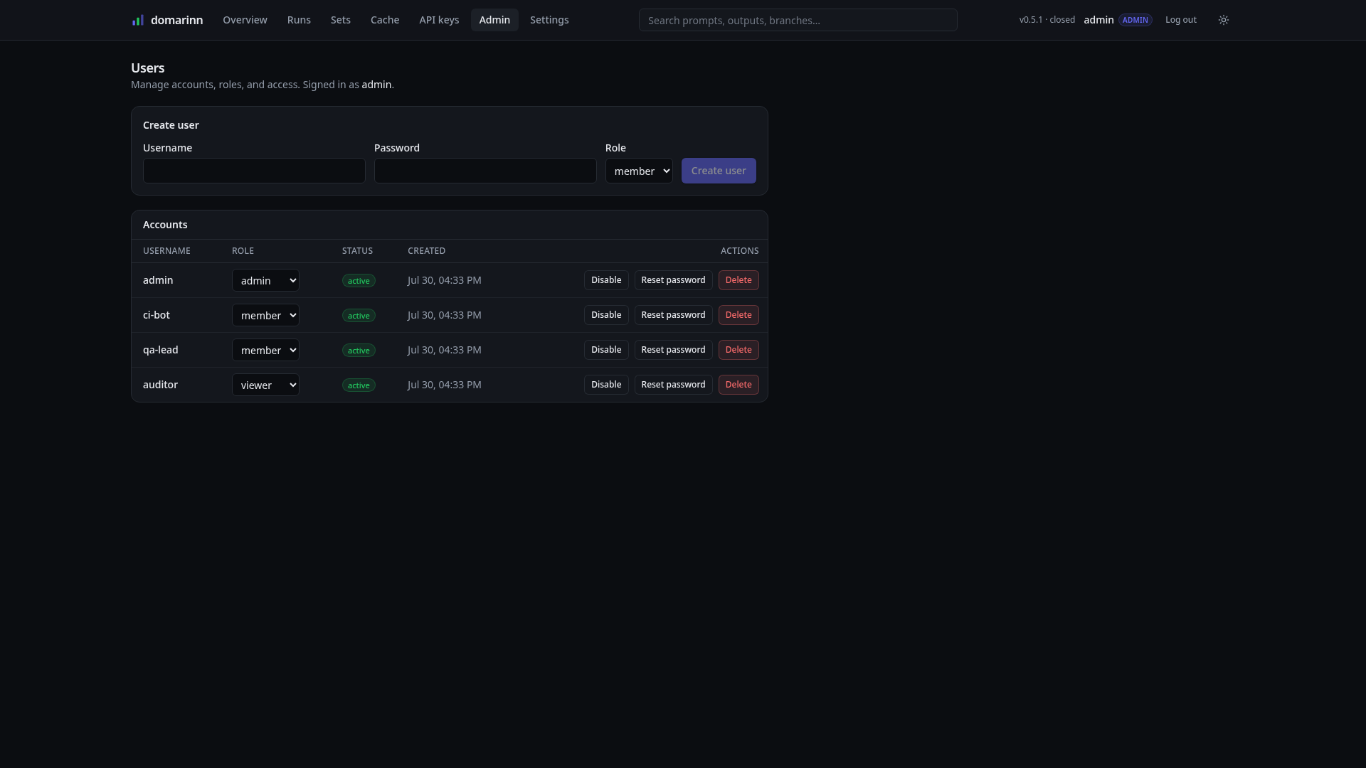 The user administration page