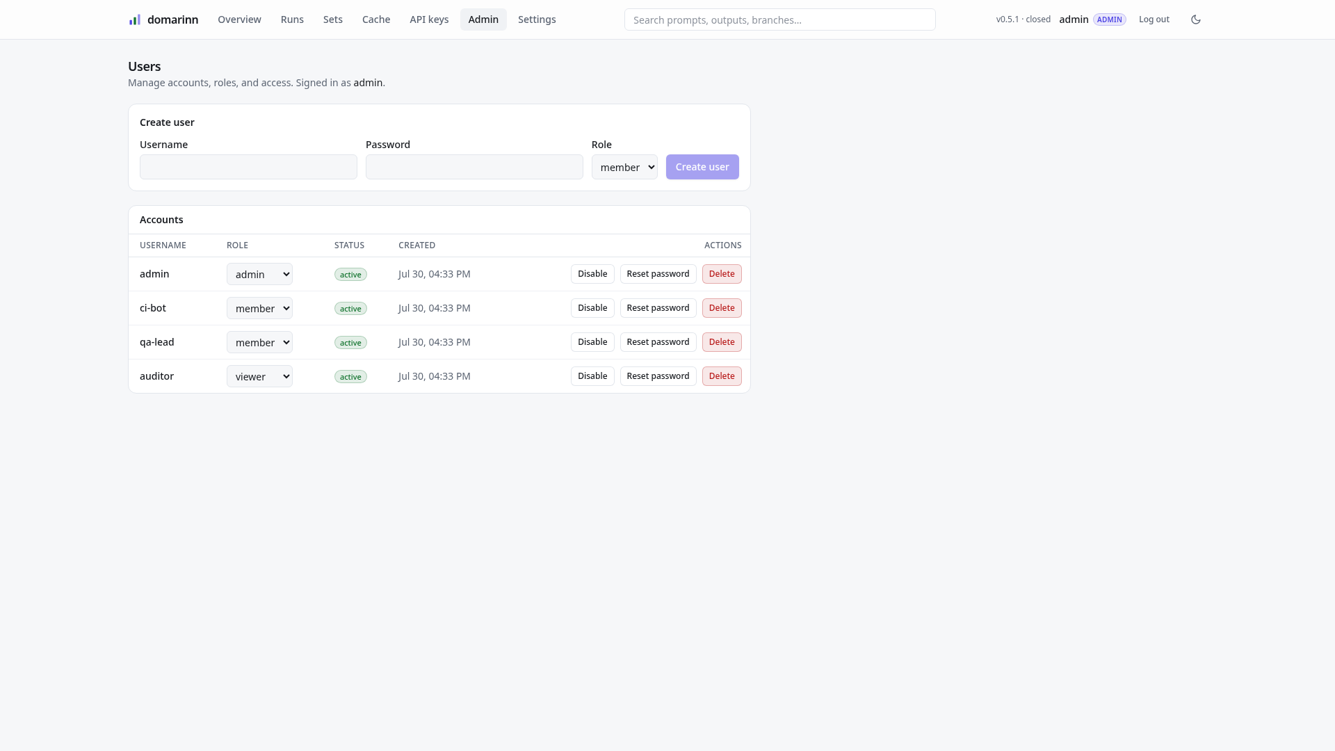 The user administration page