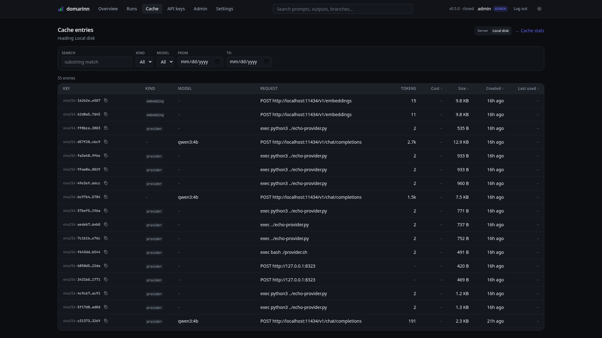 The cache entries table, reading a mounted local disk tier