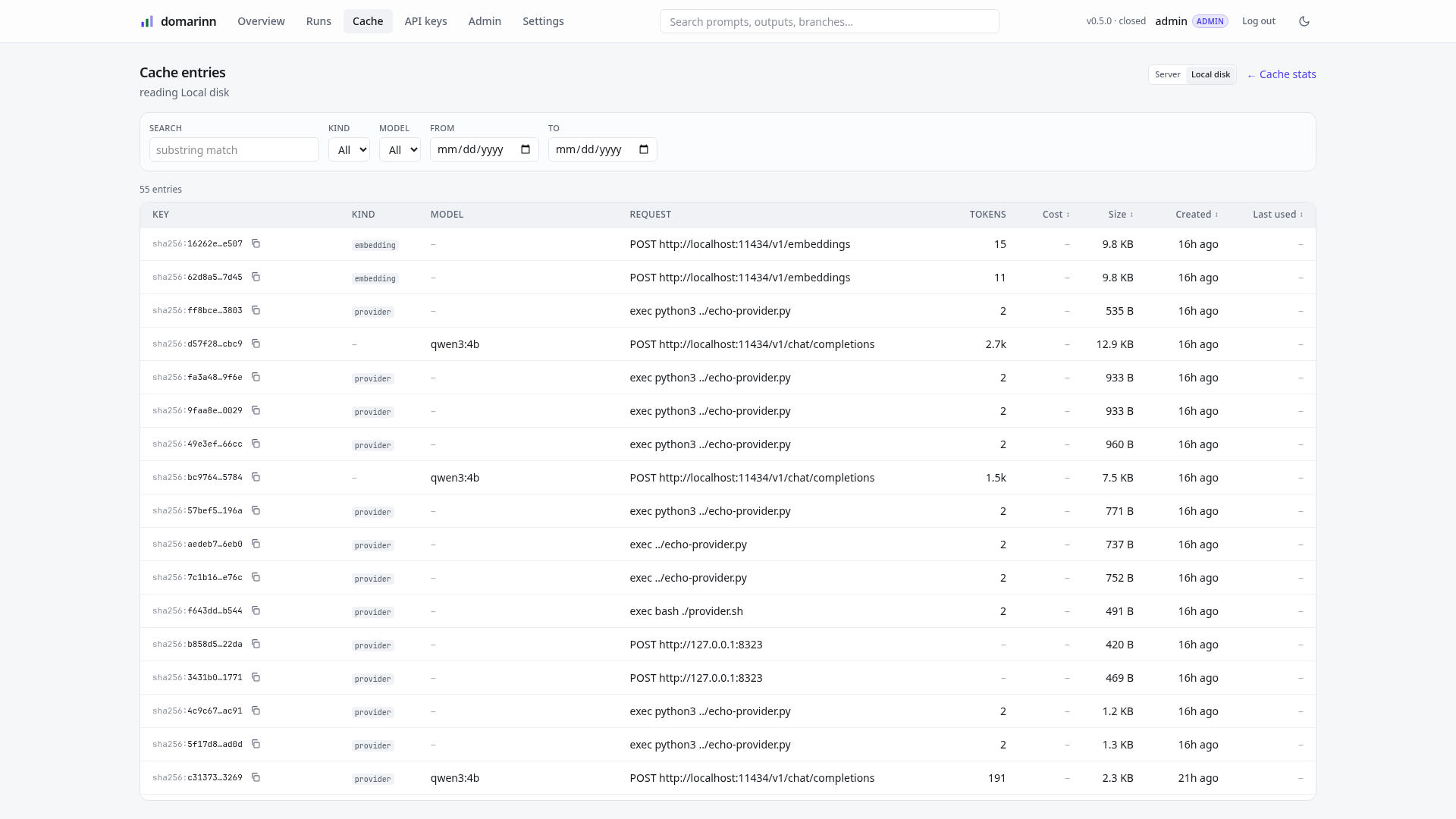 The cache entries table, reading a mounted local disk tier