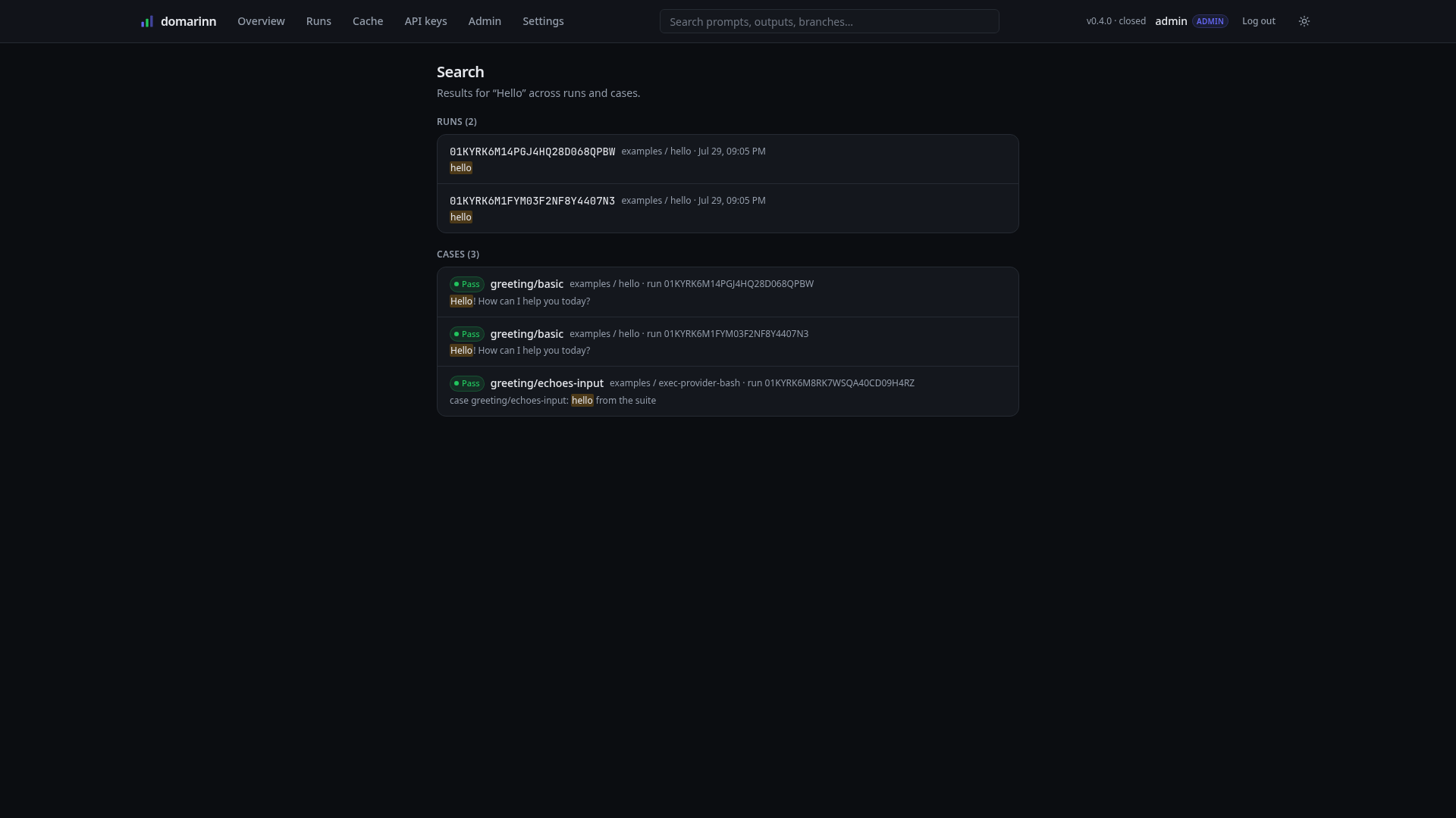 Full-text search across runs and cases