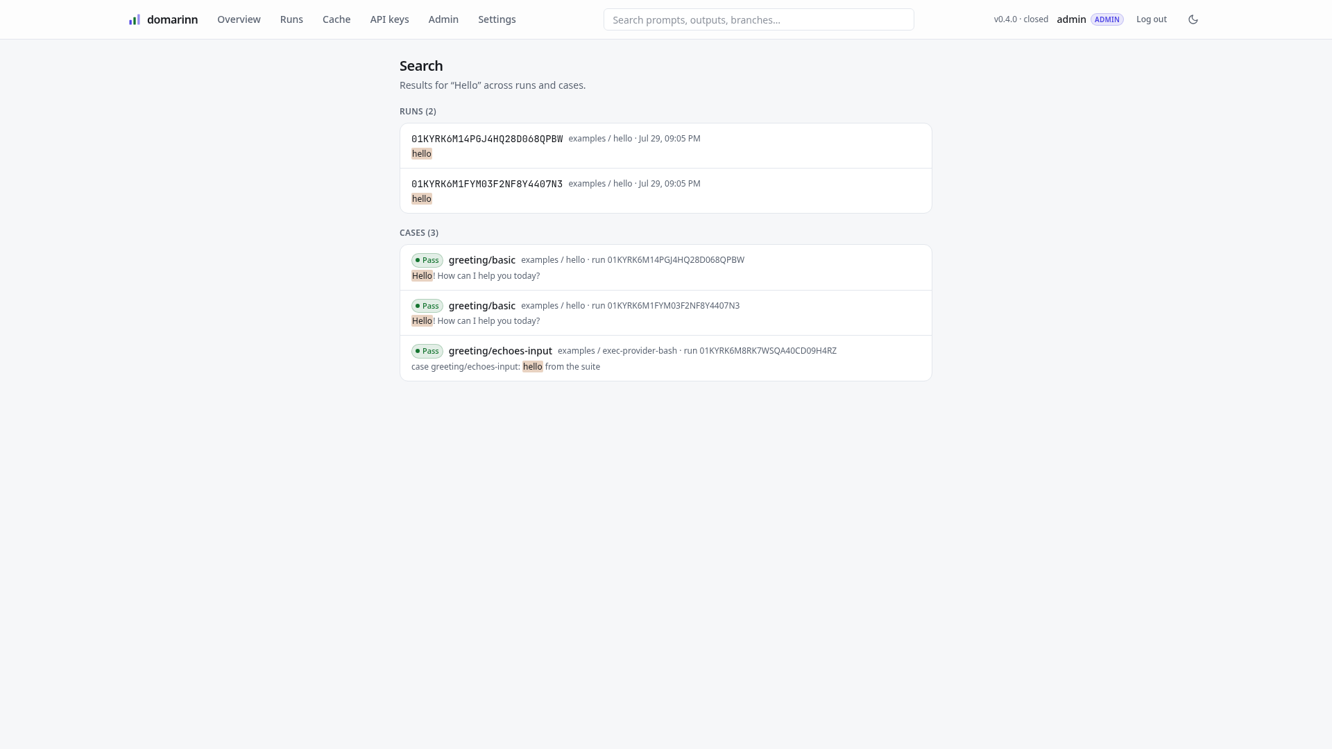 Full-text search across runs and cases