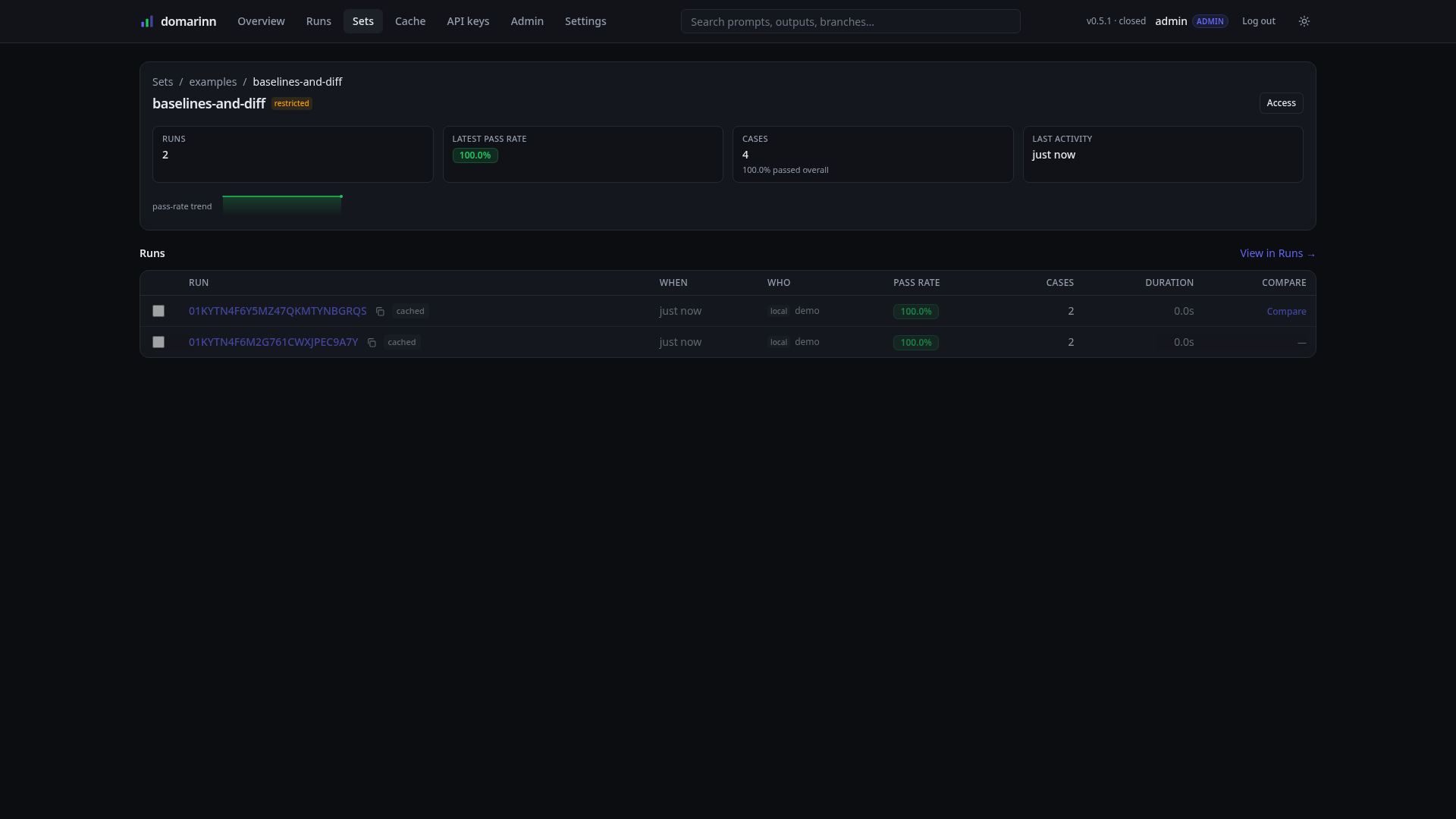 One suite: its record, its runs, and the access button
