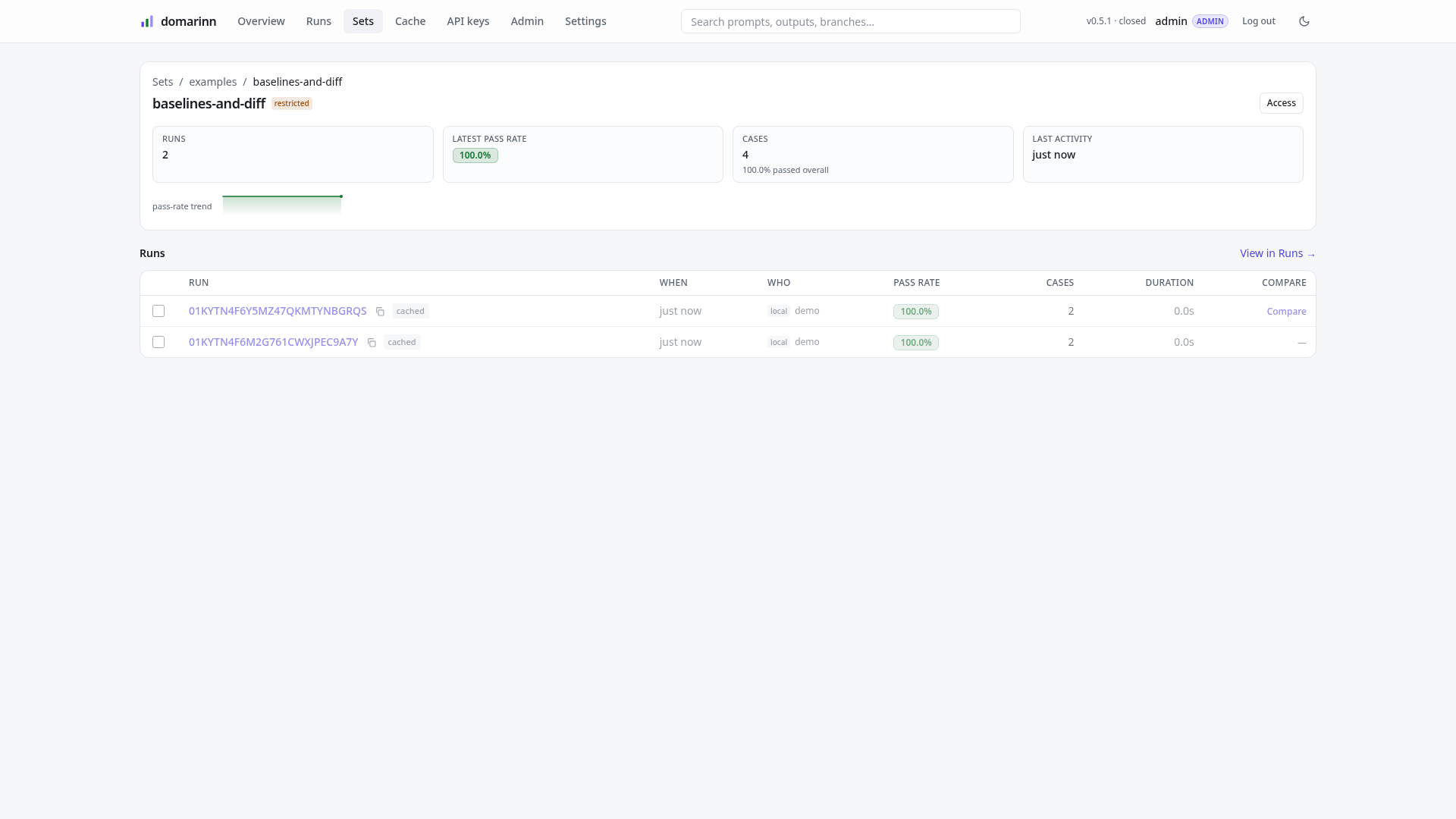 One suite: its record, its runs, and the access button