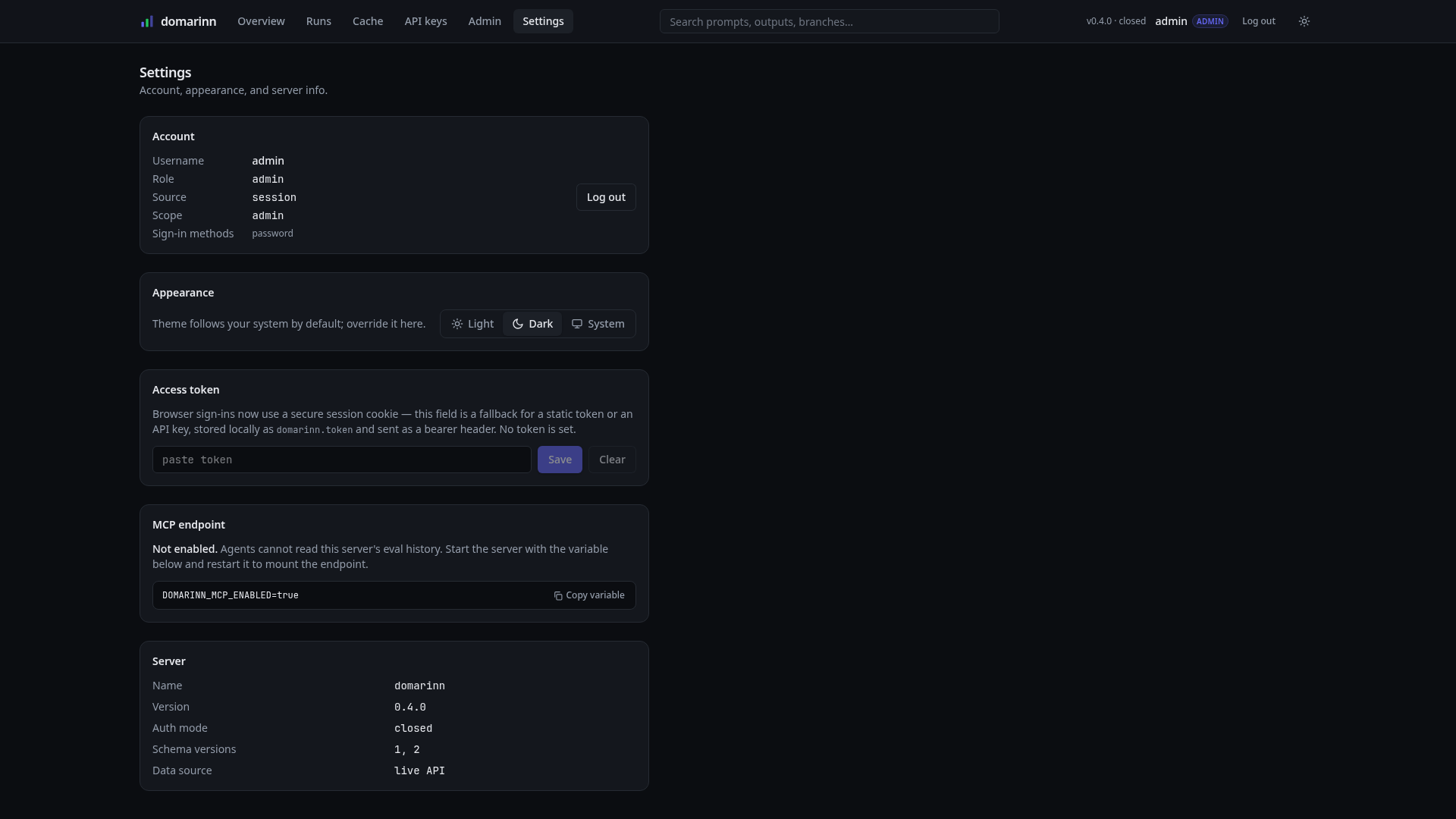 Account, appearance, MCP, and server info
